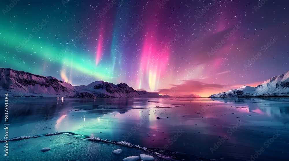 Naklejka premium A breathtaking view of the Northern Lights dancing above snowcovered mountains, reflecting on icy waters in an endless horizon of wilderness. 