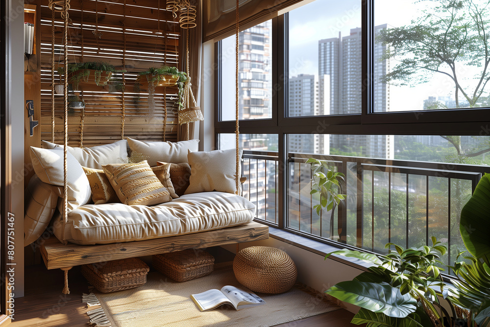 A comfortable looking sofa with a swing hanging from it A comfortable looking sofa with a swing hanging from it