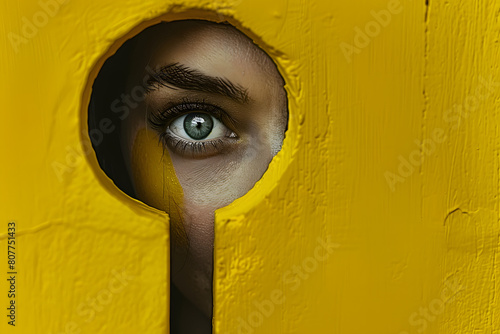 Mysterious discoveries. Woman's gaze peering through keyhole on yellow backdrop. Modern artistic combination. Idea of innovation,