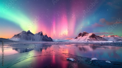 A breathtaking view of the Northern Lights dancing above snowcovered mountains, reflecting on icy waters in an endless horizon of wilderness. 