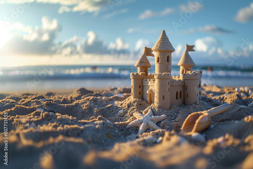 A sand castle is built on the beach with a flag on top photo