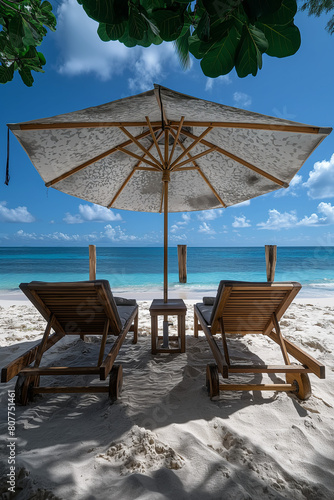 A beach scene with a white umbrella and three beach chairs