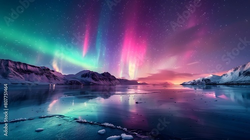 A breathtaking view of the Northern Lights dancing above snowcovered mountains, reflecting on icy waters in an endless horizon of wilderness.  © horizor