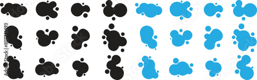 Set of Minimal Ink drops and splashes icons. Blotter spot, liquid paint drip splash and ink splatters. Slim Black and blue inked splatters dirt stain splattered spray blots on transparent background.