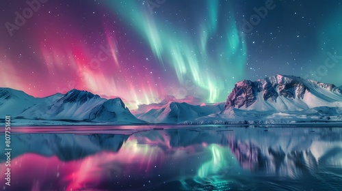 A breathtaking view of the Northern Lights dancing above snowcovered mountains, reflecting on icy waters in an endless horizon of wilderness.  © horizon