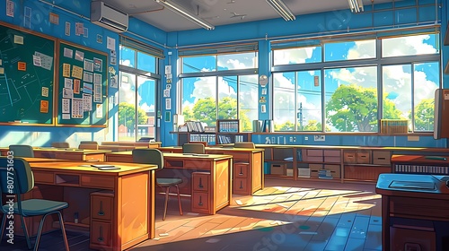 interior of study room at school. lofi art style. anime 2d background
