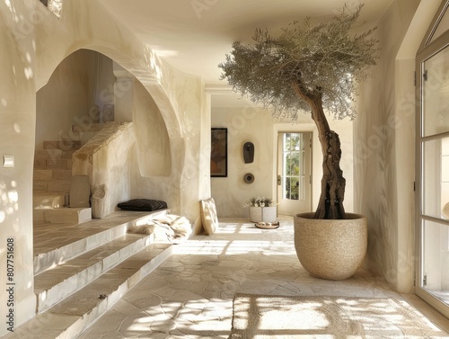 Luxurious Mediterranean Villa  Bright Entrance Hall with Olive Tree