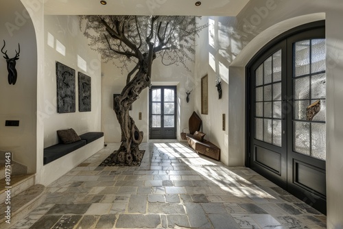 Luxurious Mediterranean Villa  Bright Entrance Hall with Olive Tree