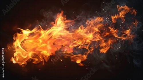 Overlay of fire sparks with smoke and flames. Grill heat glow in cloud isolated transparent modern. Realistic flying orange sparkle abstract illustration. Hell bonfire fiery with hot cinders.