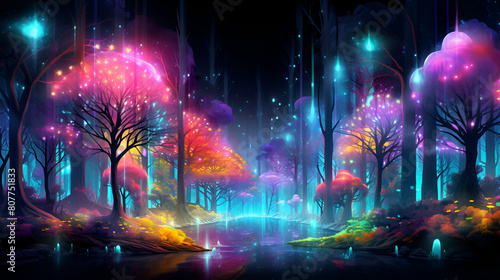 Neon colorful shining light web in the night forest, A colorful forest with trees and lights in the background