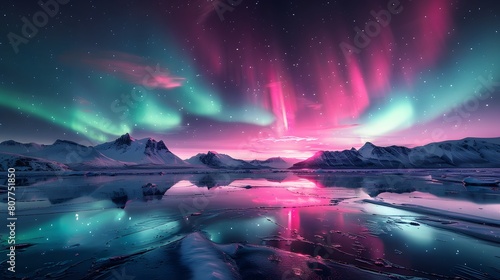 A breathtaking view of the Northern Lights dancing above snowcovered mountains  reflecting on icy waters in an endless horizon of wilderness. 