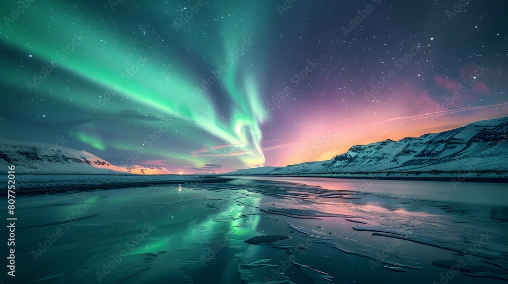 Naklejka premium A breathtaking view of the Northern Lights dancing above snowcovered mountains, reflecting on icy waters in an endless horizon of wilderness. 