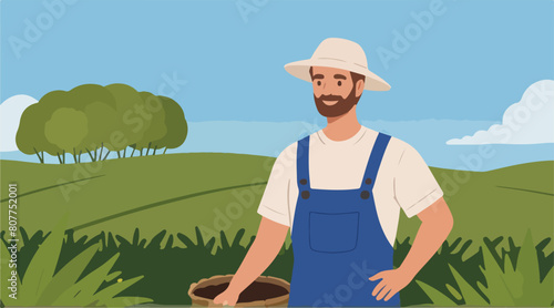 True Farmer - Agricultural Worker Standing in Lush Green Rice Field. Vector Illustration. EPS 10.