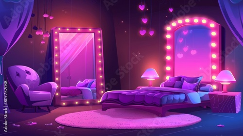 Pink girly bedroom interior modern cartoon. Teen bed. Neon lamp light in teenage room. Purple female furniture in dark apartment. Bulb mirror  armchair  and carpet at teenage apartment.