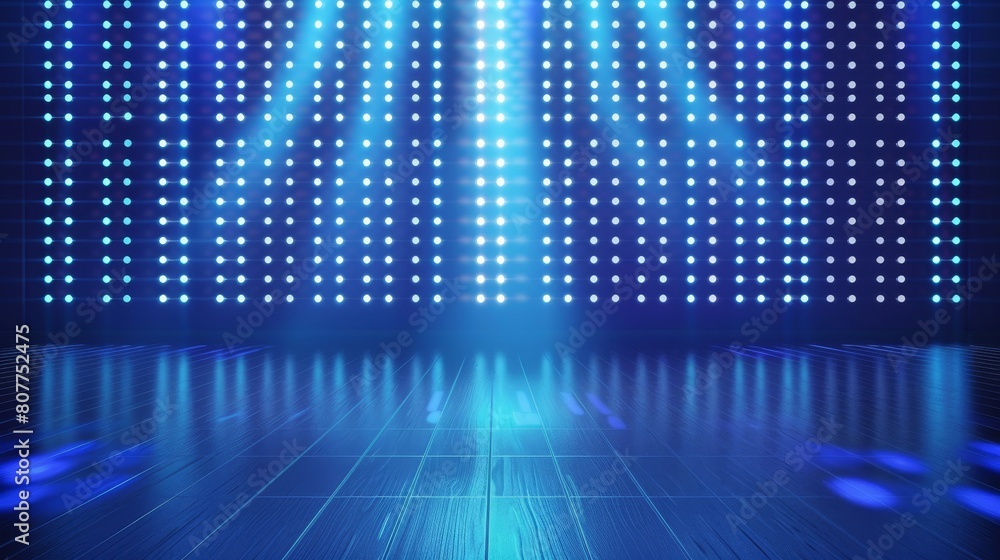 This illustration is of a defocused, realistic LED screen on stage. It is a modern illustration with a large LCD grid and glowing blue and white dot lights. It can be used for any soundtrack or This illustration is of a defocused, realistic LED screen on stage. It is a modern illustration with a large LCD grid and glowing blue and white dot lights. It can be used for any soundtrack or