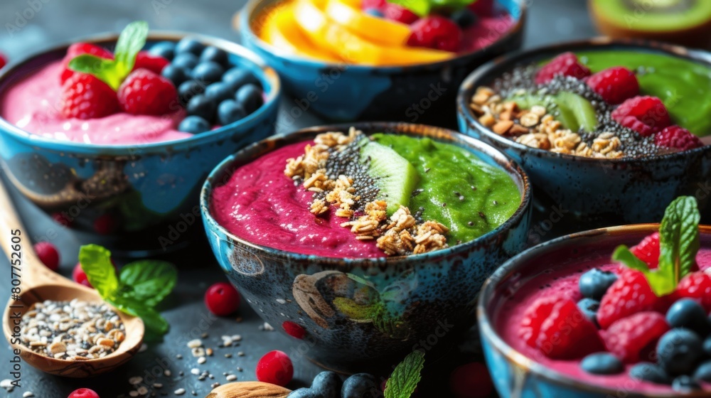 Bowls of assorted fruit, yogurt, and bananas neatly arranged on a wooden table, AI-generated. Bowls of assorted fruit, yogurt, and bananas neatly arranged on a wooden table, AI-generated.