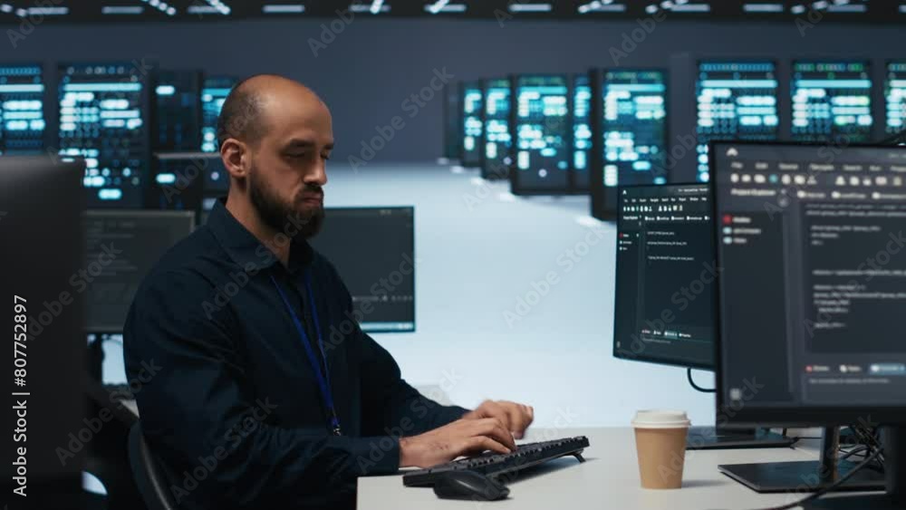 Engineer writing code in high tech facility with server rows providing computing resources for different workloads. Trucking right shot of employee overseeing supercomputers operating data Engineer writing code in high tech facility with server rows providing computing resources for different workloads. Trucking right shot of employee overseeing supercomputers operating data