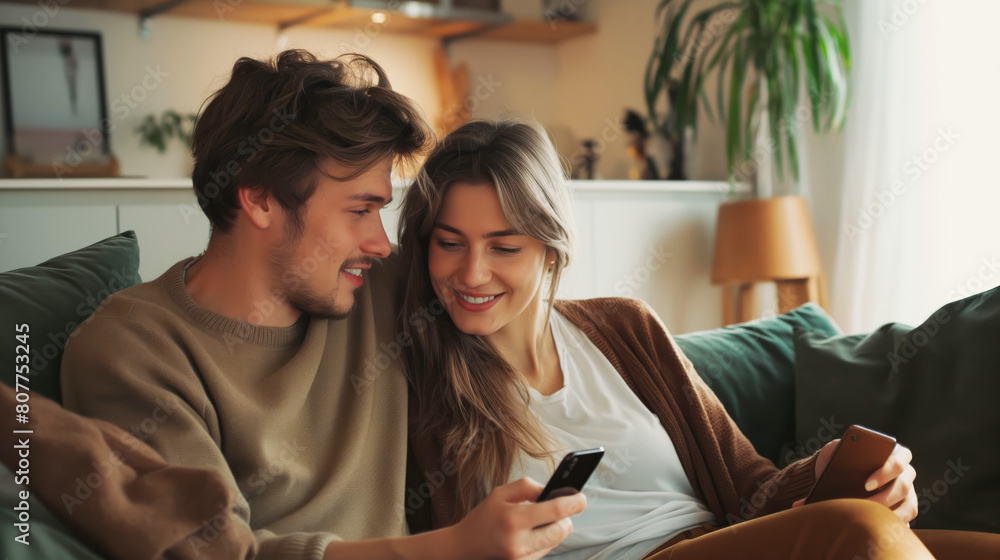 A man and woman are seated on a couch, both looking at a cell phone screen in their family home. A man and woman are seated on a couch, both looking at a cell phone screen in their family home.