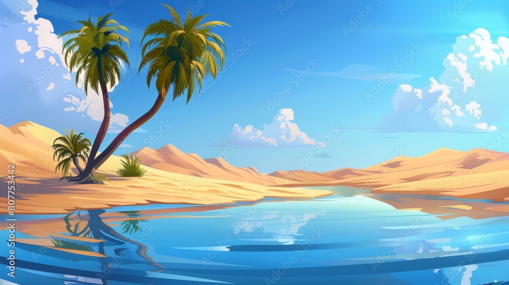 A palm tree in a desert oasis cartoon modern landscape background. Water in an Egyptian summer mirage in the Sahara. An illustration of an arabian landscape.
