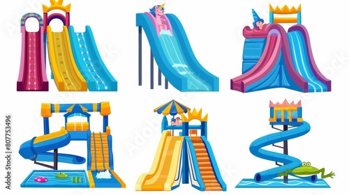 This modern icon shows an inflatable waterslide with a swimming pool. A set of summer amusement equipment with a castle, unicorn, and frog slide is also included in the graphic collection. photo