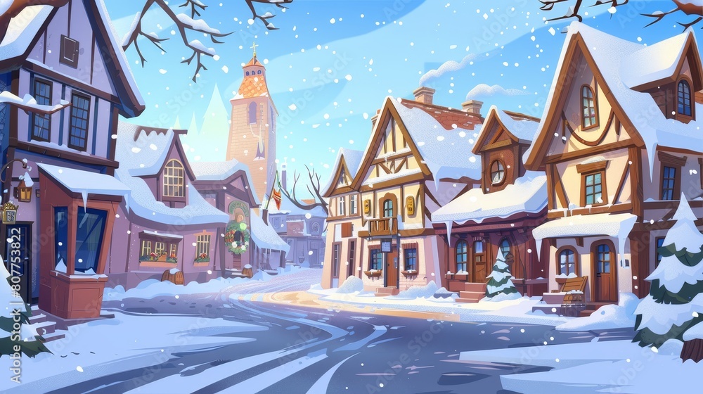 Cartoon illustration of a medieval german town street. Classic old world city building with bavarian cottage exterior. Snowfall on historical mansion. Front view of snowy French village in winter.