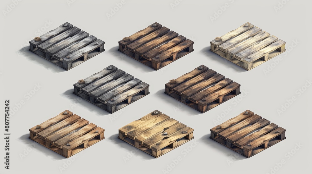 3d realistic modern illustration set of tray with wood texture in different angles. Standard equipment for loading and delivering parcels. 3d realistic modern illustration set of tray with wood texture in different angles. Standard equipment for loading and delivering parcels.