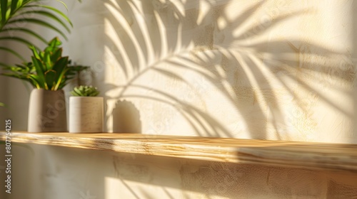 A closeup of an empty wooden shelf on the right, with a plant leaf visible in the background against a light beige wall.