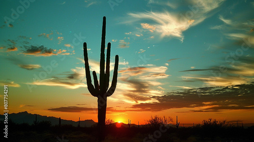 majestic saguaro cactus silhouetted against a vibrant sunset sky, with its towering form and iconic arms reaching upward, symbolizing the beauty and grandeur of the American Southwest.