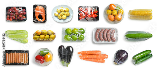 Slika na platnu Group of fresh food in plastic wrap on white background