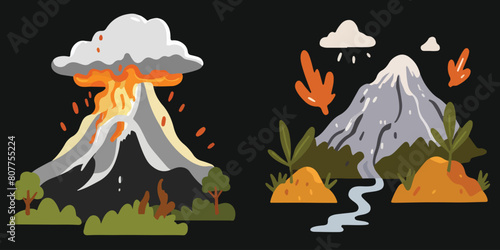 Set of Mountain Eruption - Dramatic Landscape Illustration of Lush Mountainous Terrain. Vector EPS 10.