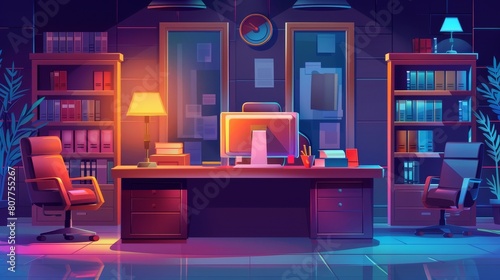 At night, the CEO or director will work from a dark office with a computer on the desk. There is a chair, shelves, armchairs, and a clock in the cabinet. The work area for the CEO or director is lit photo