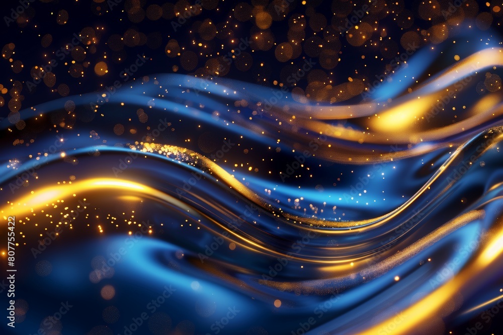 Obraz premium Metallic 3D image of glowing golden comet barrage flowing with glowing sapphire blue accent 
