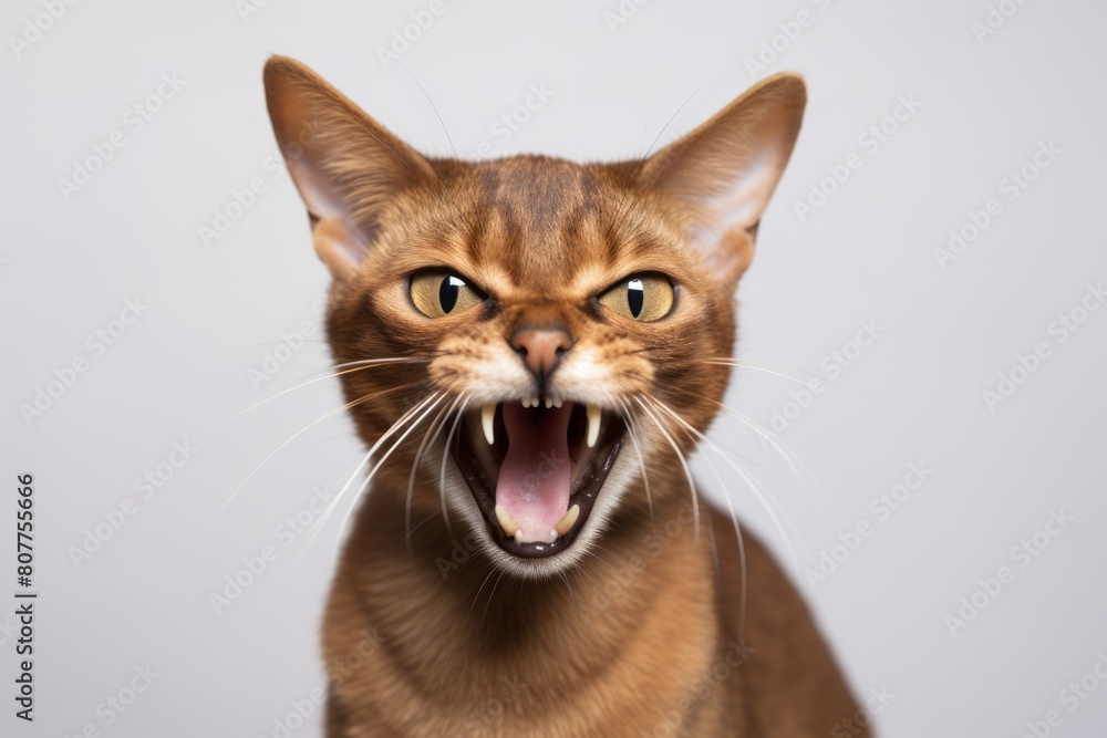 Medium shot portrait photography of a smiling abyssinian cat growling while standing against minimalist or empty room background Medium shot portrait photography of a smiling abyssinian cat growling while standing against minimalist or empty room background