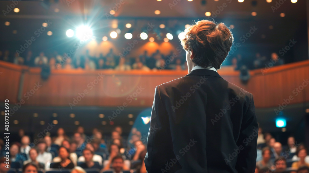 The speaker is a young businessman in a business suit and a white shirt, speaking on stage in front of the hall, close-up view from behind. The speaker is a young businessman in a business suit and a white shirt, speaking on stage in front of the hall, close-up view from behind.
