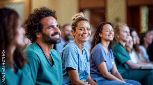Smiling medical professionals attending a seminar in hospital