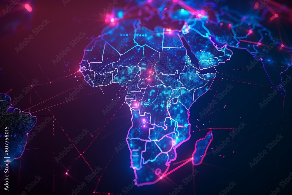 Neon 3D image of Africa map visual lines neon lights digital mobile communication technology data training