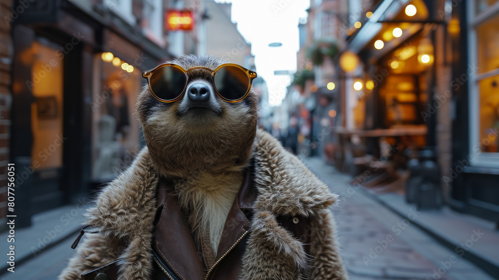 Relaxed sloth meanders through city streets in tailored elegance, epitomizing street style.