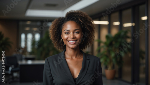 Bella donna di origini africane con capelli ricci sorride in un moderno ufficio con abito elegante photo