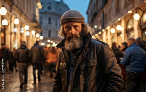 A man with a beard and a hat stands in a busy street. He is wearing a black jacket and a black hat. The street is crowded with people, and there are several street lights illuminating the scene