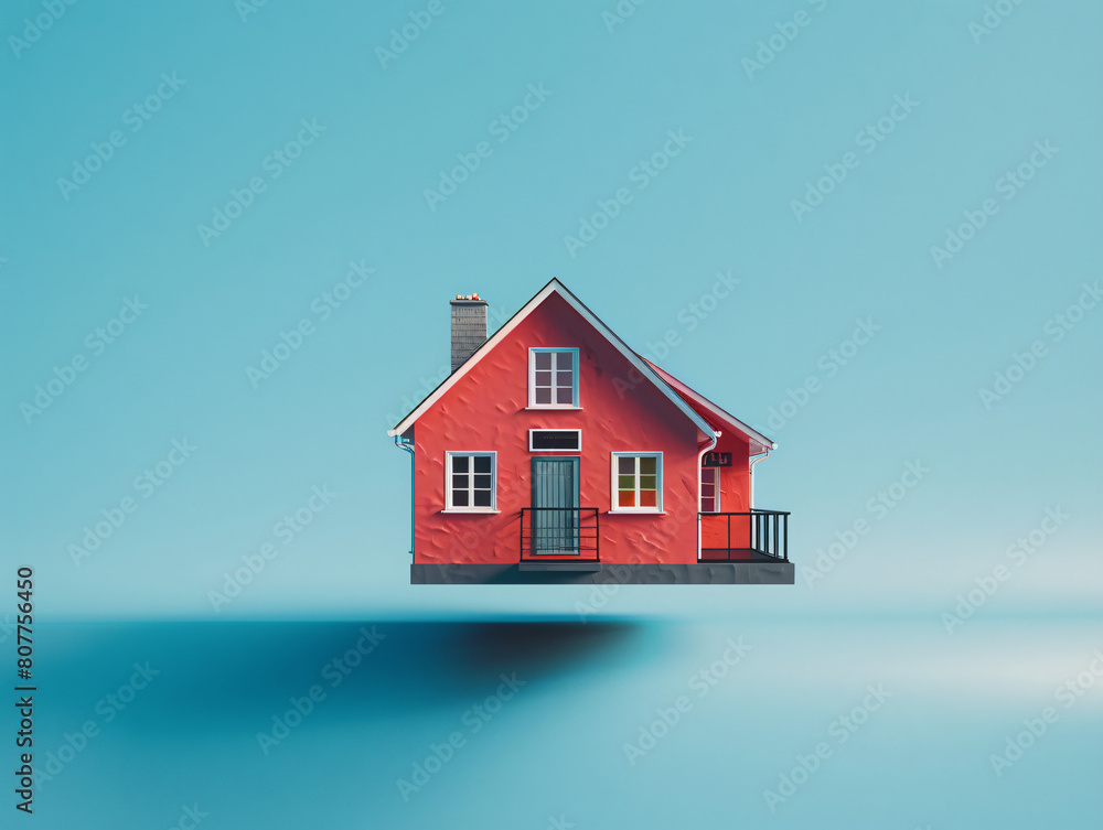 A straight on composition of a house floating an angle over vertical solid blue colored backdrop, 3d octane render, regular house, medium hard shadow cast on backdrop A straight on composition of a house floating an angle over vertical solid blue colored backdrop, 3d octane render, regular house, medium hard shadow cast on backdrop