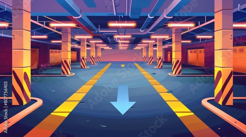 A cartoon modern illustration of automobiles parked in a basement parking lot with markings, an asphalt floor, and columns. A public garage area with light arrows and directions.