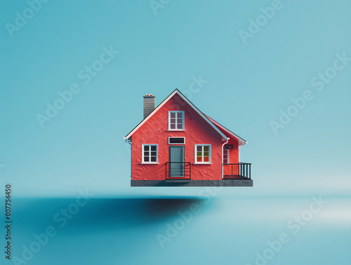 Wallpaper Mural A straight on composition of a house floating an angle over vertical solid blue colored backdrop, 3d octane render, regular house, medium hard shadow cast on backdrop Torontodigital.ca