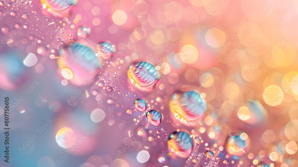 A closeup of water droplets floating on the surface, creating an abstract and colorful background with pastel colors. The droplet shapes include circles and dots. A closeup of water droplets floating on the surface, creating an abstract and colorful background with pastel colors. The droplet shapes include circles and dots.