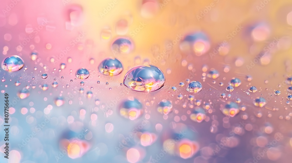 A closeup of water droplets floating on the surface, creating an abstract and colorful background with pastel colors. The droplet shapes include circles and dots. A closeup of water droplets floating on the surface, creating an abstract and colorful background with pastel colors. The droplet shapes include circles and dots.