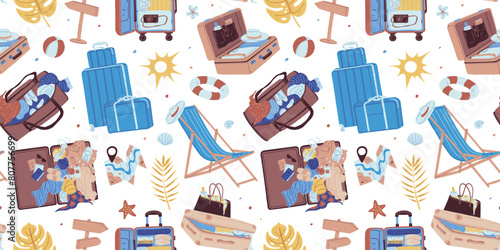 Travel essentials seamless pattern vector illustration