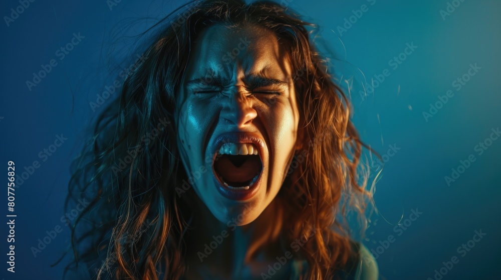Scream Woman. Young Aggressive Caucasian Female Arguing and Screaming in Studio