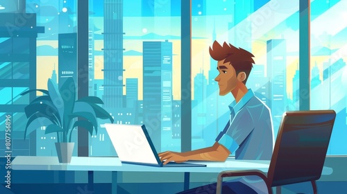 Young businessman working on laptop by window. Modern cartoon illustration of freelancer computer at home, modern cityscape view in window, startup business, remote study. © Mark