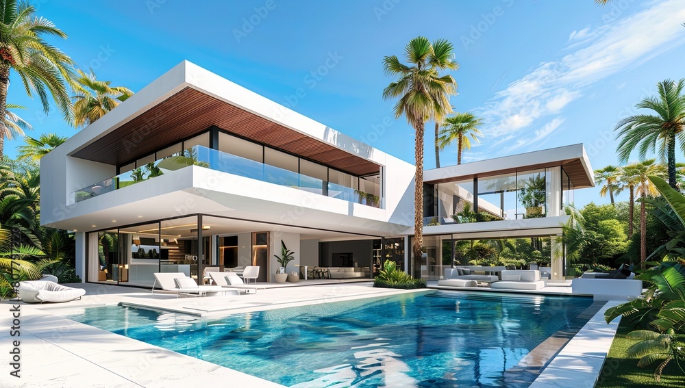 Modern luxury villa with swimming pool and palm trees, sunny day.