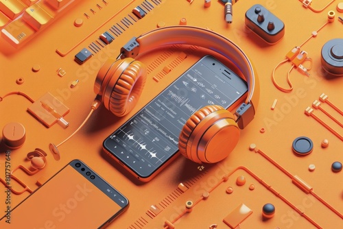 Cute isometric 3D image of headphones and phone on a orange background and equalizer photo