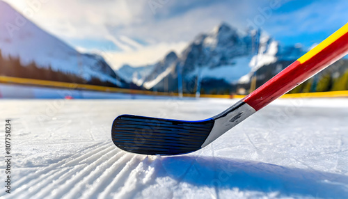 Close Up of a Hockey Stick on the Ice. Generative AI photo